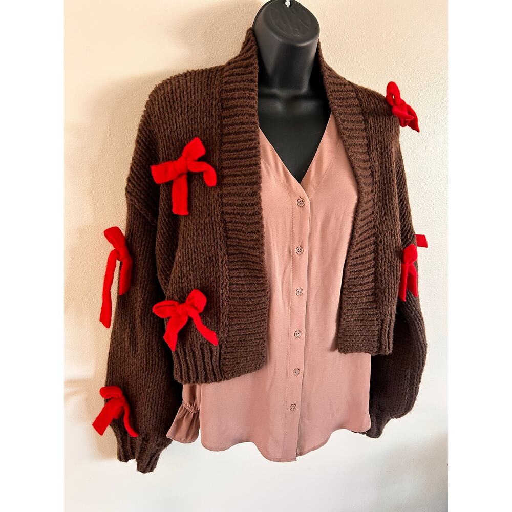 Maeve Anthropologie Brown Chunky Knit Bow Cardigan One Size